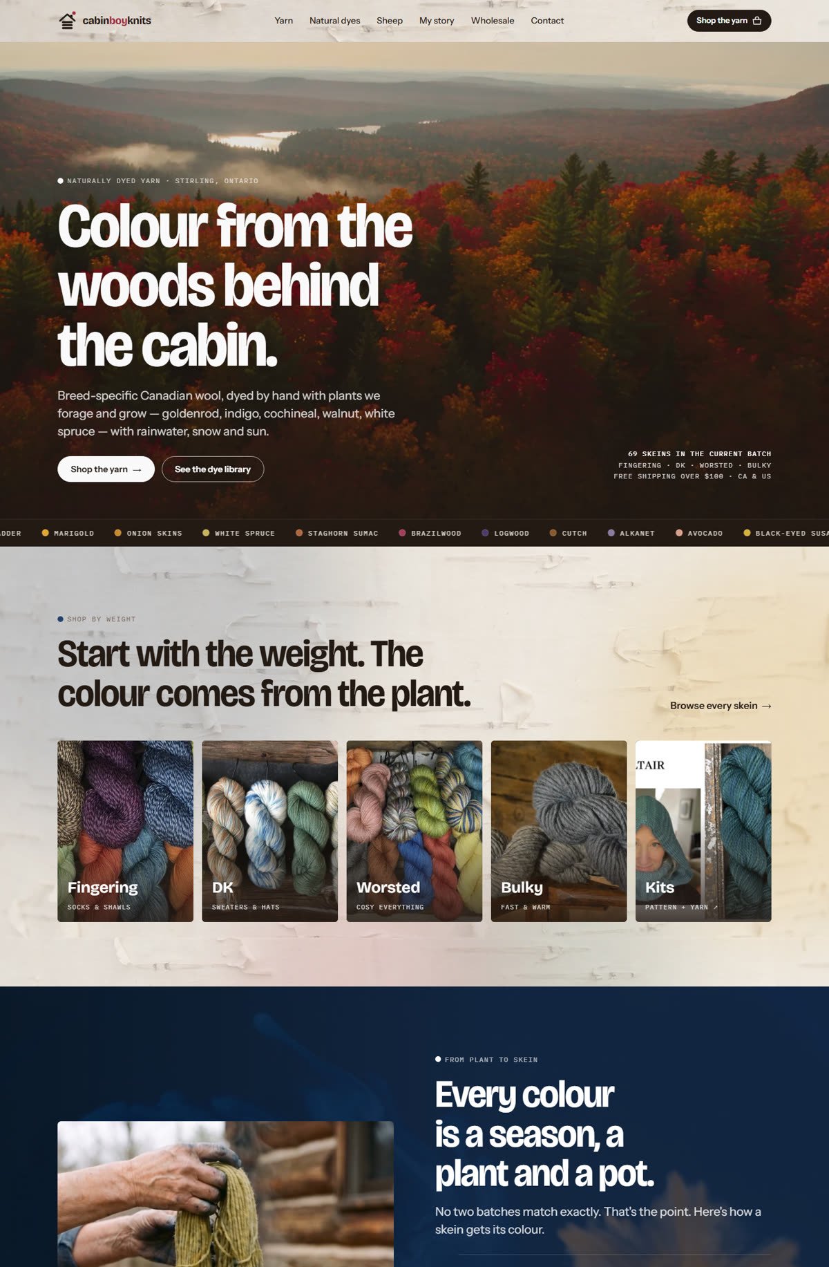 Cabin Boy Knits website home page: aerial film of an autumn forest with the headline Colour from the woods behind the cabin