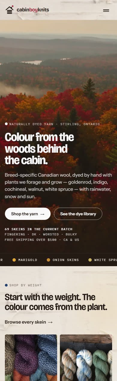 Cabin Boy Knits home page on a phone, with the film hero and yarn navigation
