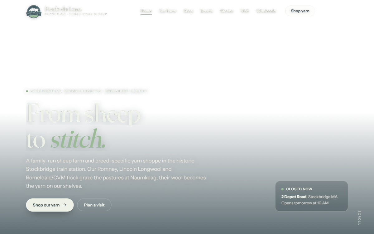 Prado de Lana navigation and hero headline, From sheep to stitch, over the film