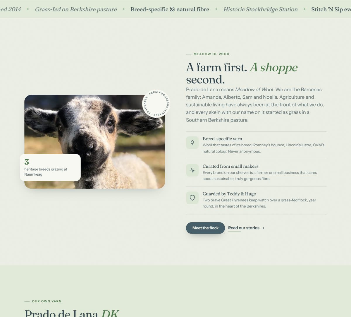 The rest of the Prado de Lana home page: breed ticker, farm story, shop preview and events