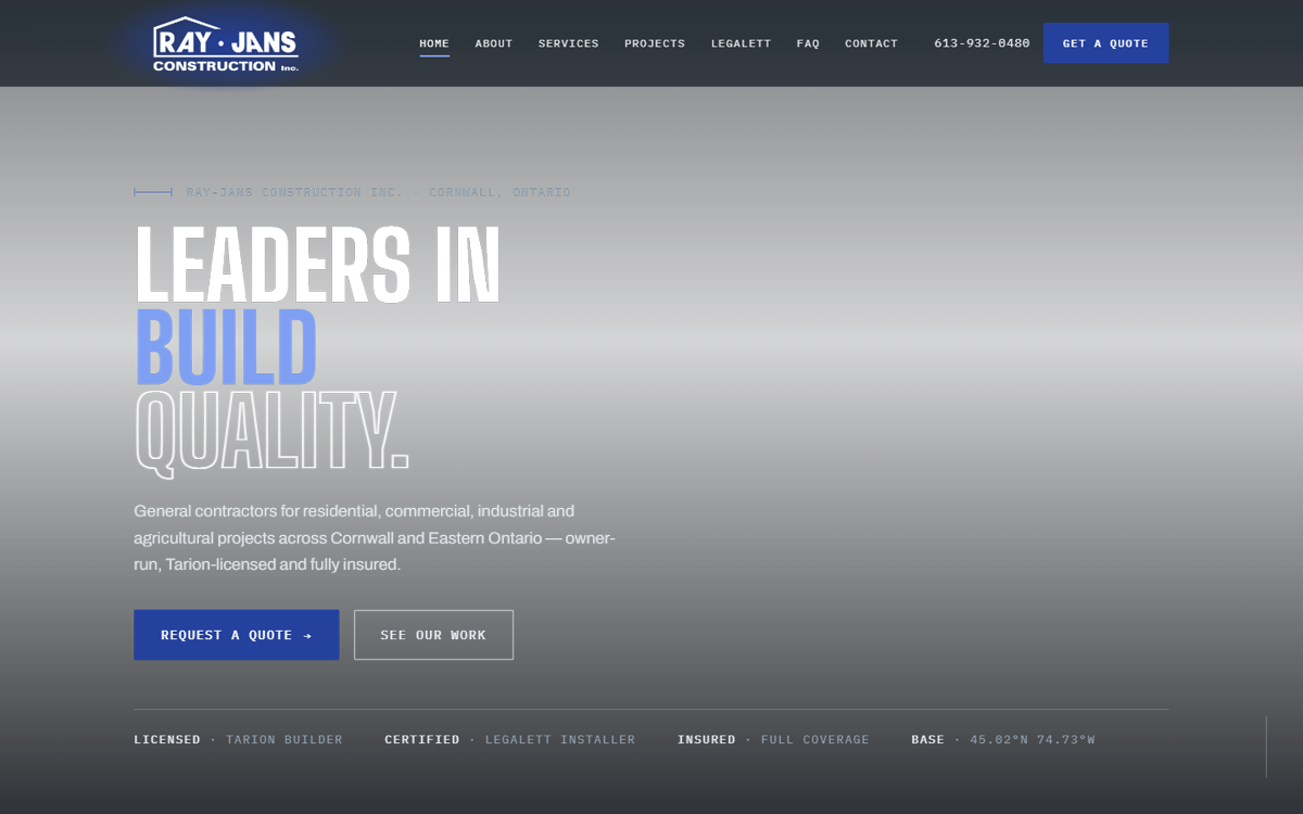 Ray-Jans Construction navigation and hero headline, Leaders in Build Quality, over the film